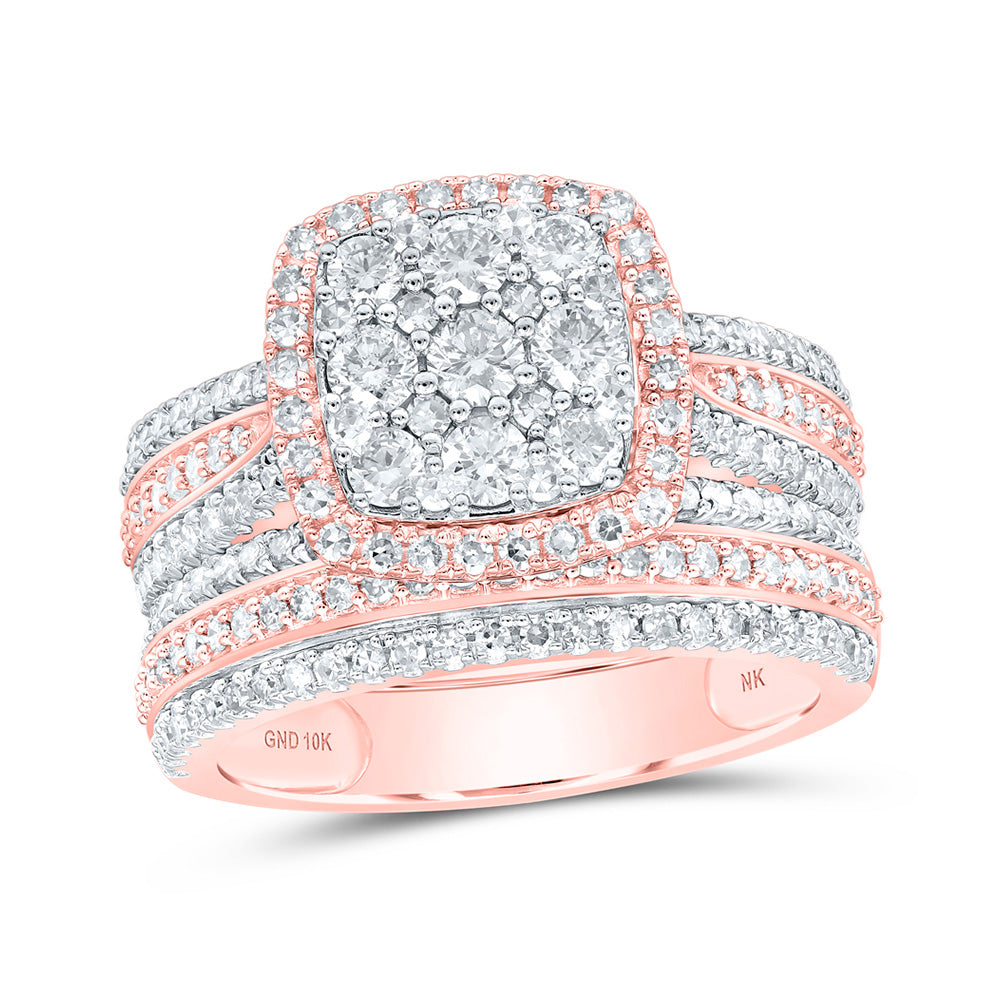 10K Yellow Or White Or Rose Gold Round Diamond Square Cluster Bridal Wedding Ring Band Set, Womens Size: 5-10