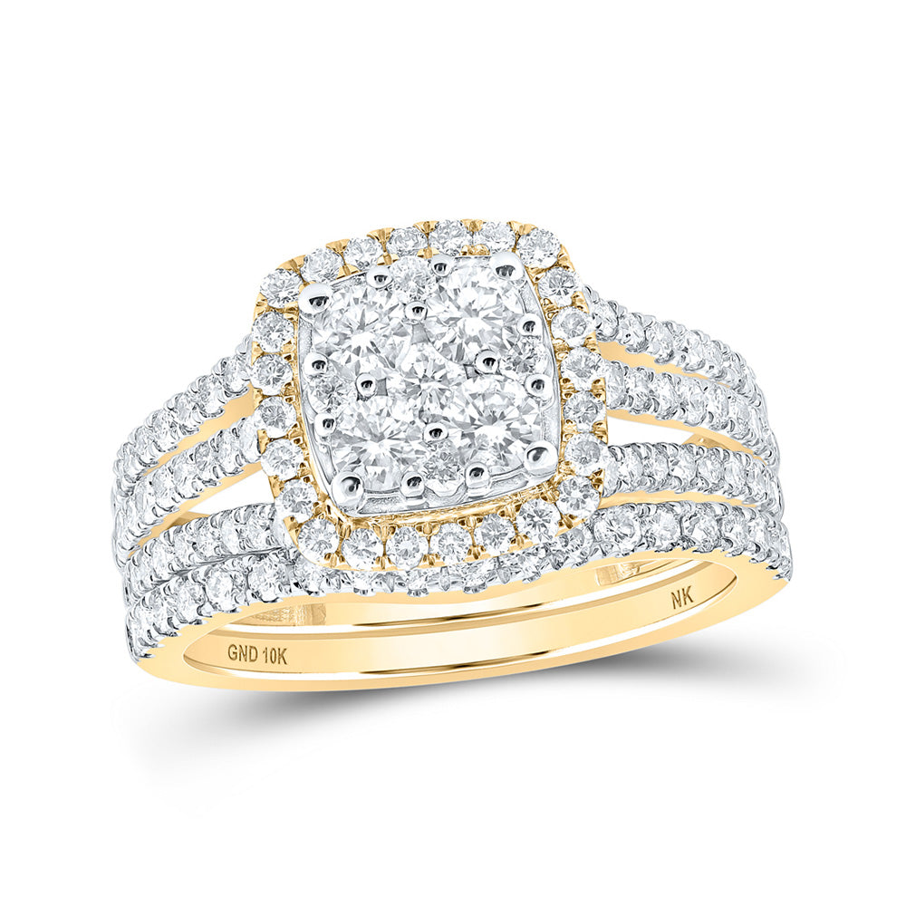 10K Yellow Gold Round Diamond Square Bridal Wedding Ring Band Set 1-5/8 Cttw, Womens Size: 5-10
