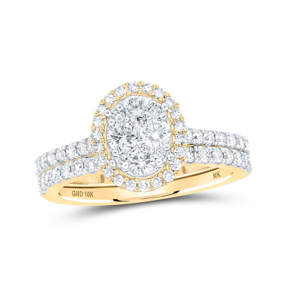 10K Yellow Gold Round Diamond Oval Bridal Wedding Ring Band Set 1 Cttw, Womens Size: 5-10