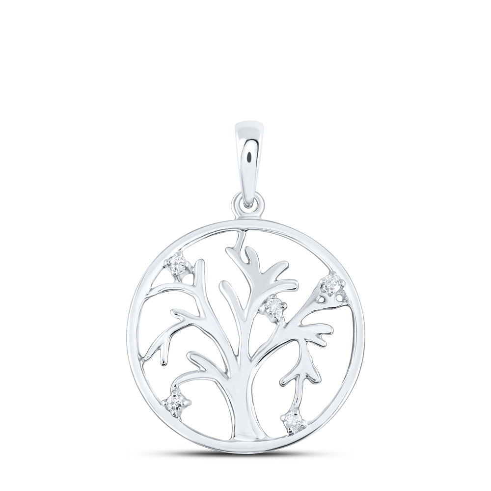 Sterling Silver Womens Round Diamond Tree Circle Pendant 1/20 Cttw, Length: 1.15 In, Width: 0.78 In