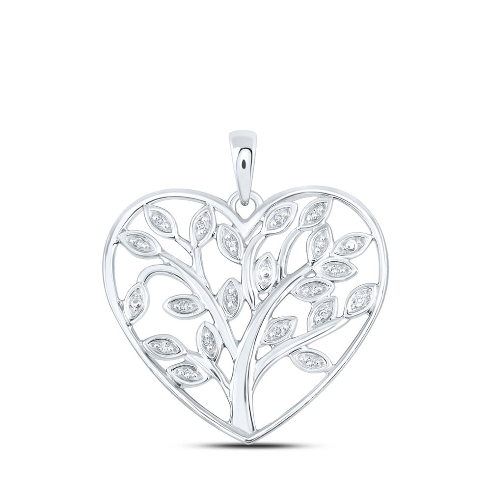 Sterling Silver Womens Round Diamond Tree Heart Pendant 1/12 Cttw, Length: 1.08 In, Width: 0.98 In