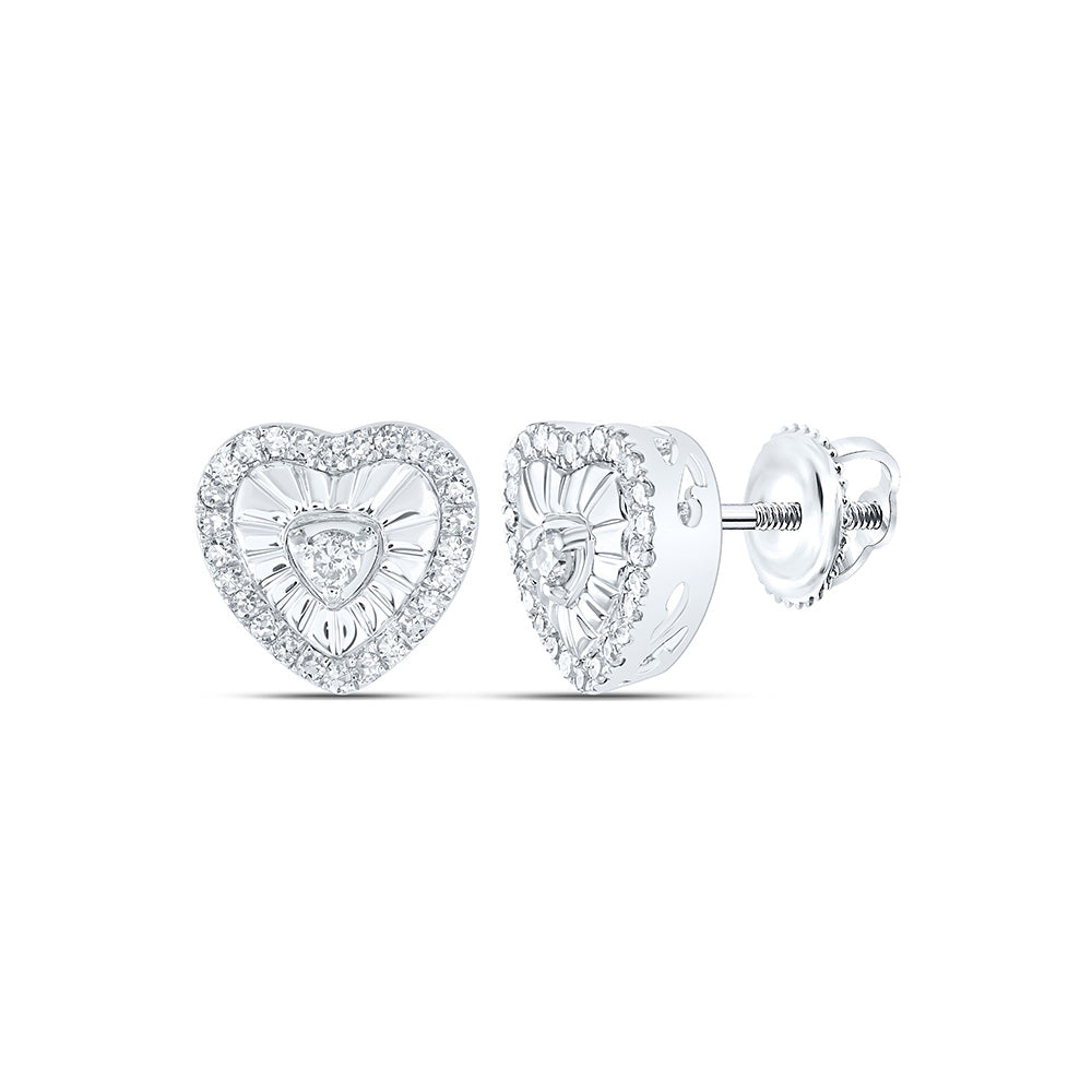 Sterling Silver Womens Round Diamond Heart Earrings 1/4 Cttw, Length: 0.3 In, Width: 0.3 In