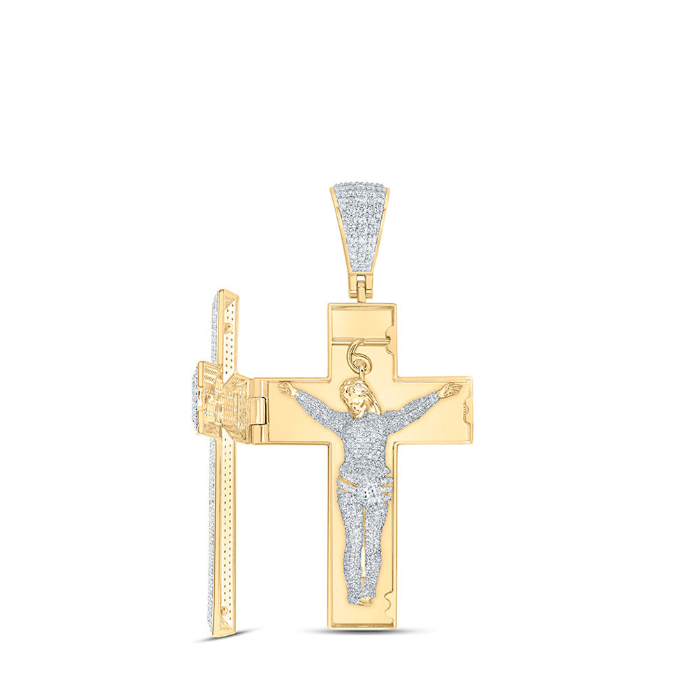 10K Yellow Gold Mens Round Diamond Coffin Cross Charm Pendant 7-5/8 Cttw