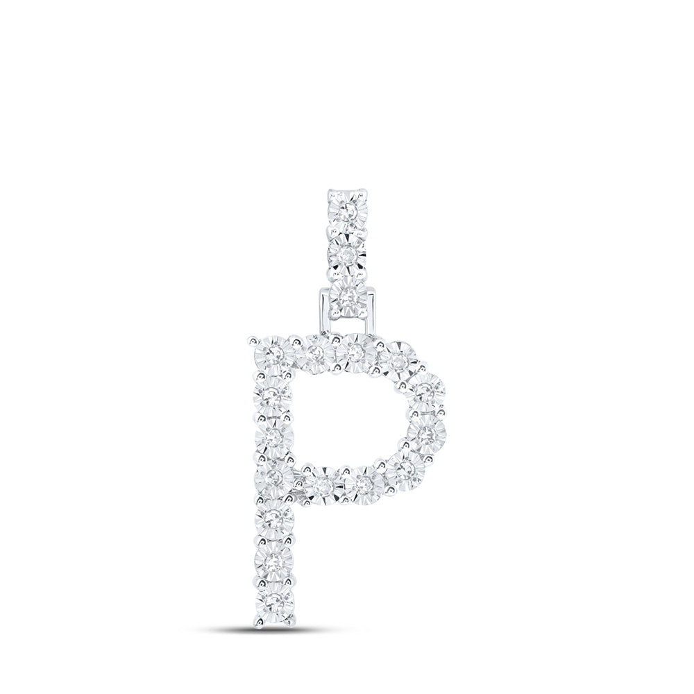 10K White Gold Womens Round Diamond Initial Letter Pendant