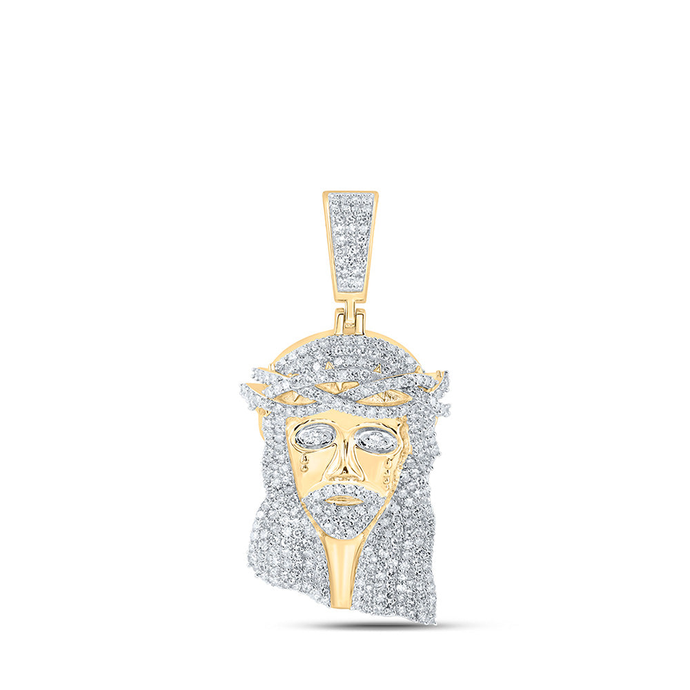 10K Yellow Gold Mens Round Diamond Jesus Face Charm Pendant 2-1/3 Cttw
