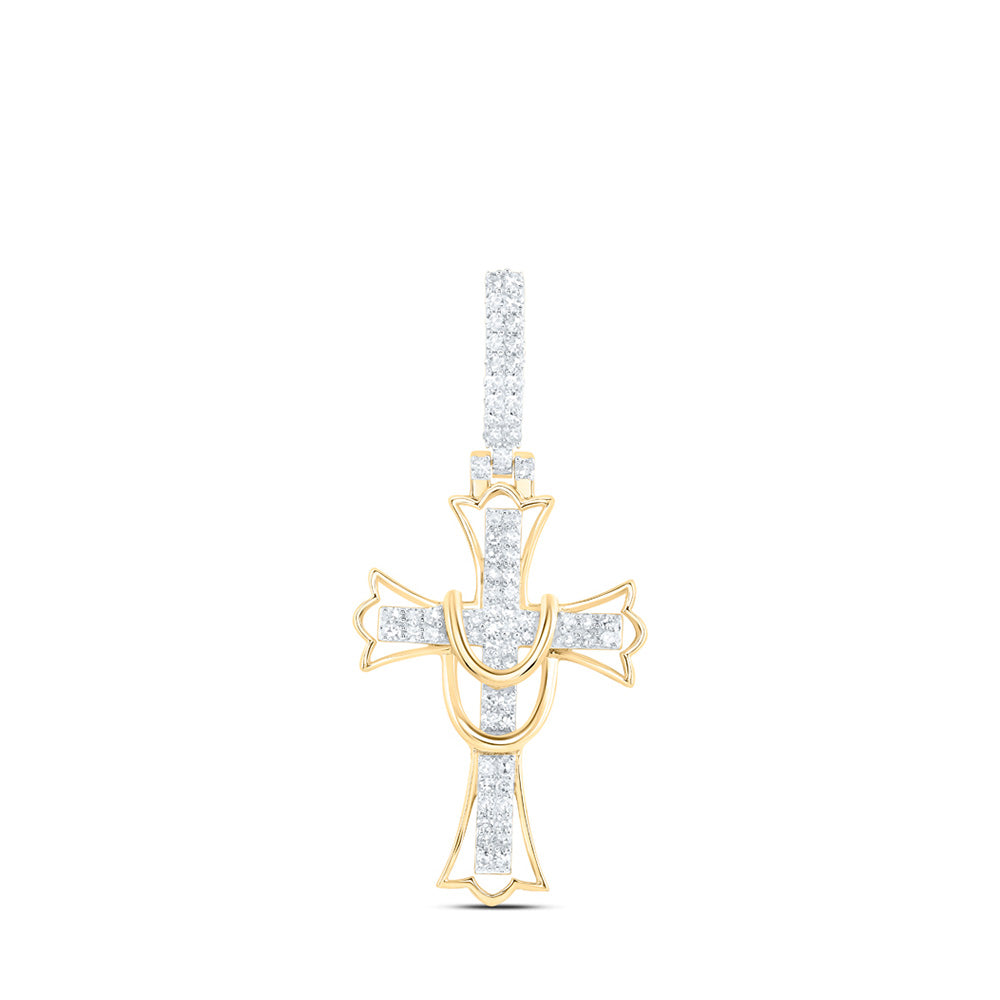 10K Yellow Gold Mens Round Diamond Cross Charm Pendant 1/2 Cttw