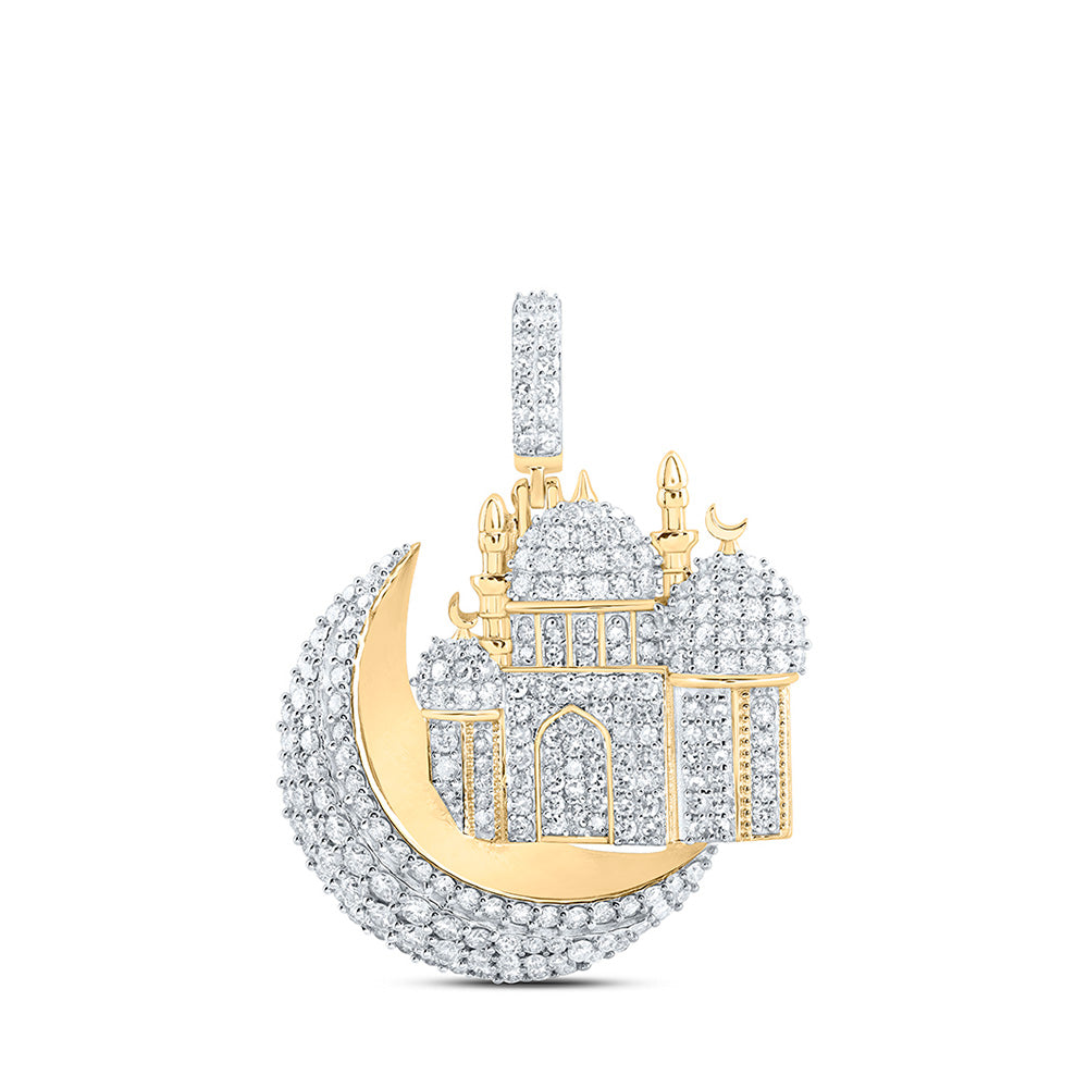 10K Yellow Gold Mens Round Diamond Masjid Islam Charm Pendant 2-1/3 Cttw