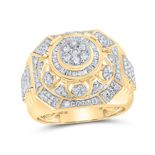 10K Yellow Gold Mens Round Diamond Elevated Cluster Ring 1-1/2 Cttw, Mens Size: 7-13