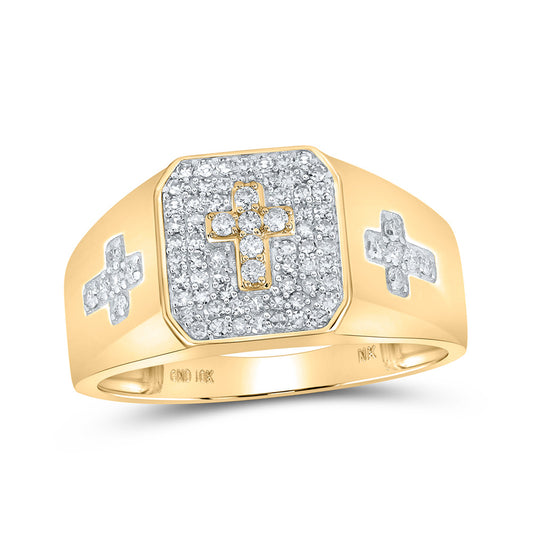 10K Yellow Gold Mens Round Diamond Cross Ring 3/8 Cttw, Mens Size: 7-13