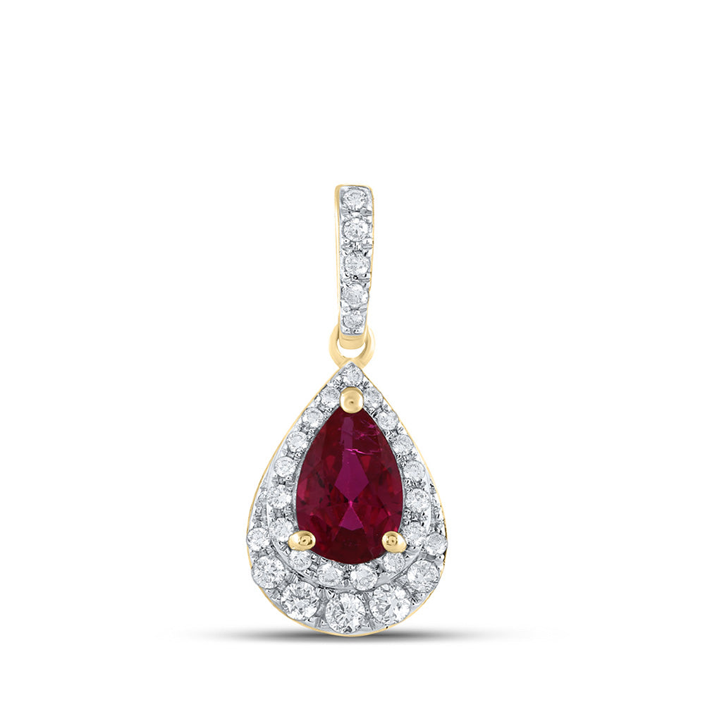 14K Yellow Gold Womens Pear Ruby Diamond Teardrop Pendant 5/8 Cttw