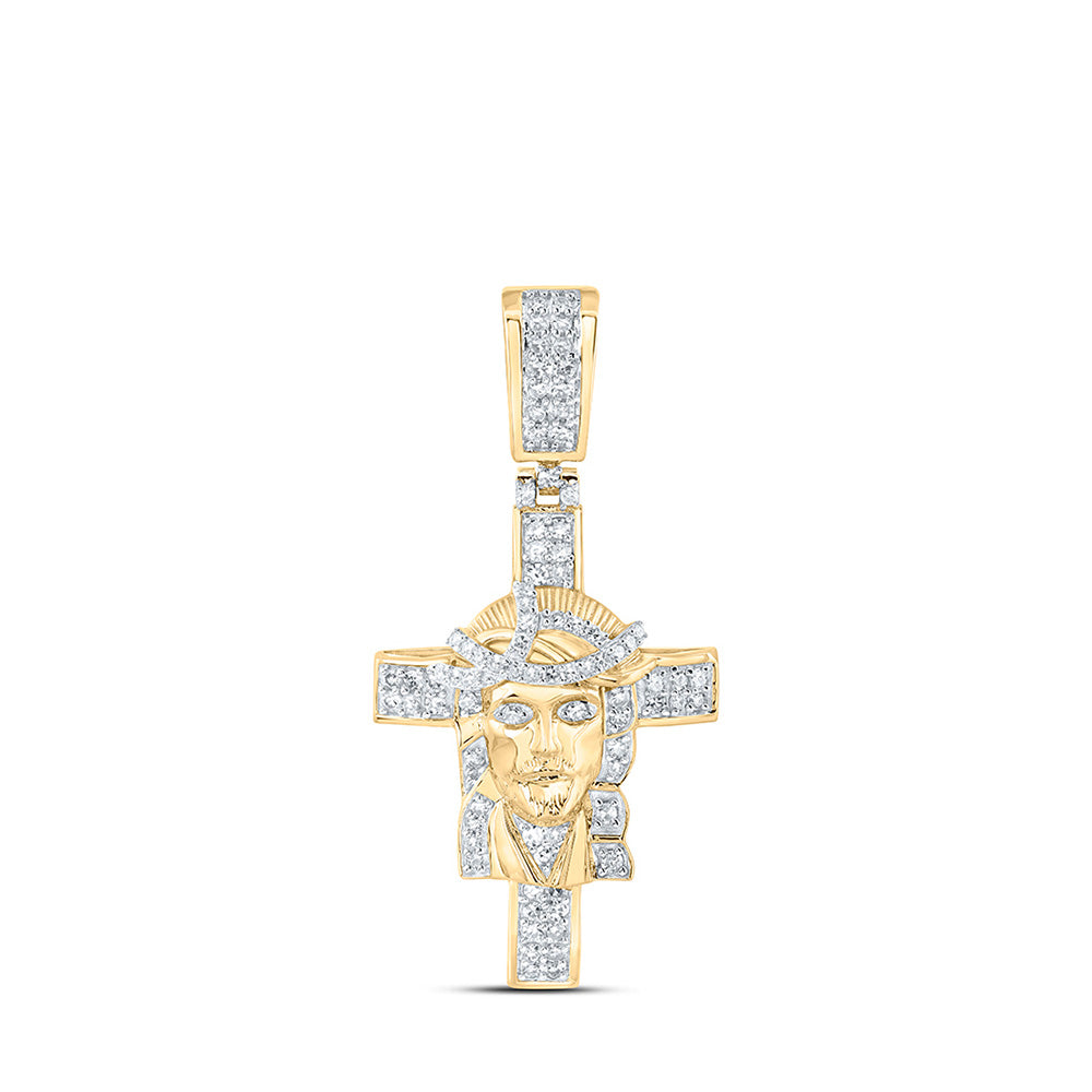 10K Yellow Gold Mens Round Diamond Jesus Cross Charm Pendant 1/2 Cttw