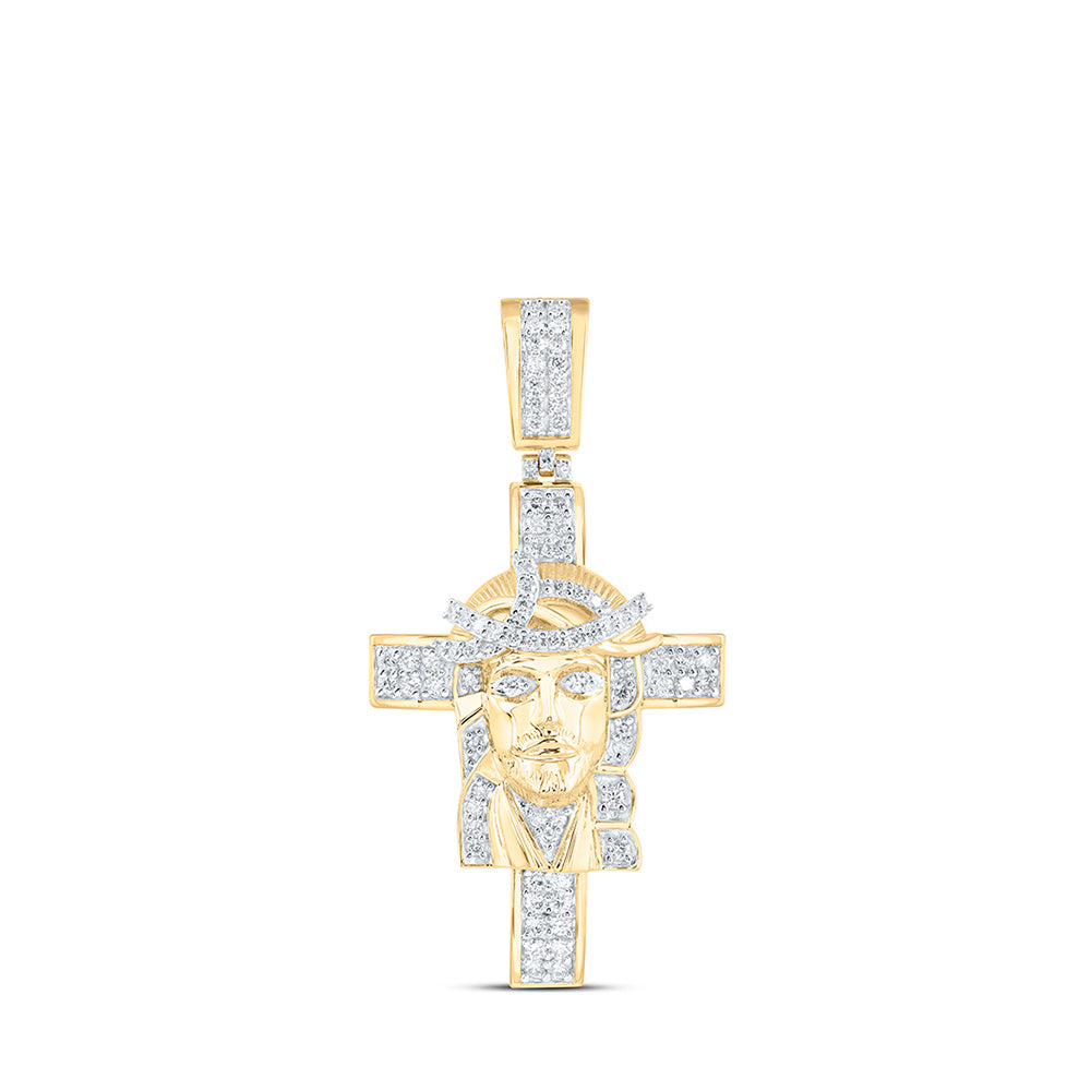 10K Yellow Gold Mens Round Diamond Jesus Cross Charm Pendant 1 Cttw