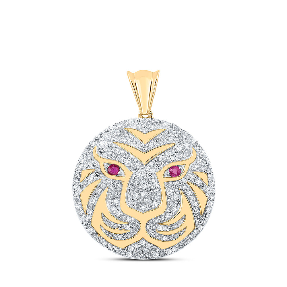 10K Yellow Gold Mens Round Diamond Lion Face Circle Charm Pendant 1 Cttw