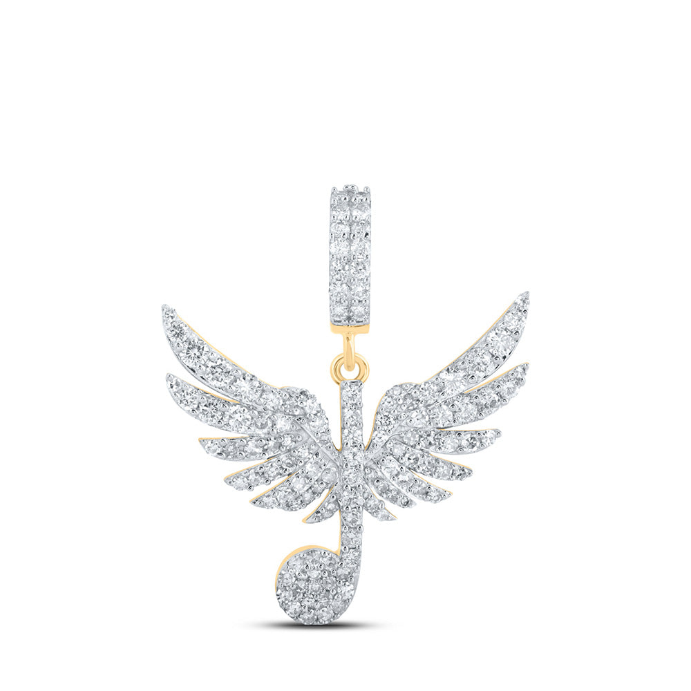 10K Yellow Gold Mens Round Diamond Wing Music Note Treble Charm Pendant 1 Cttw