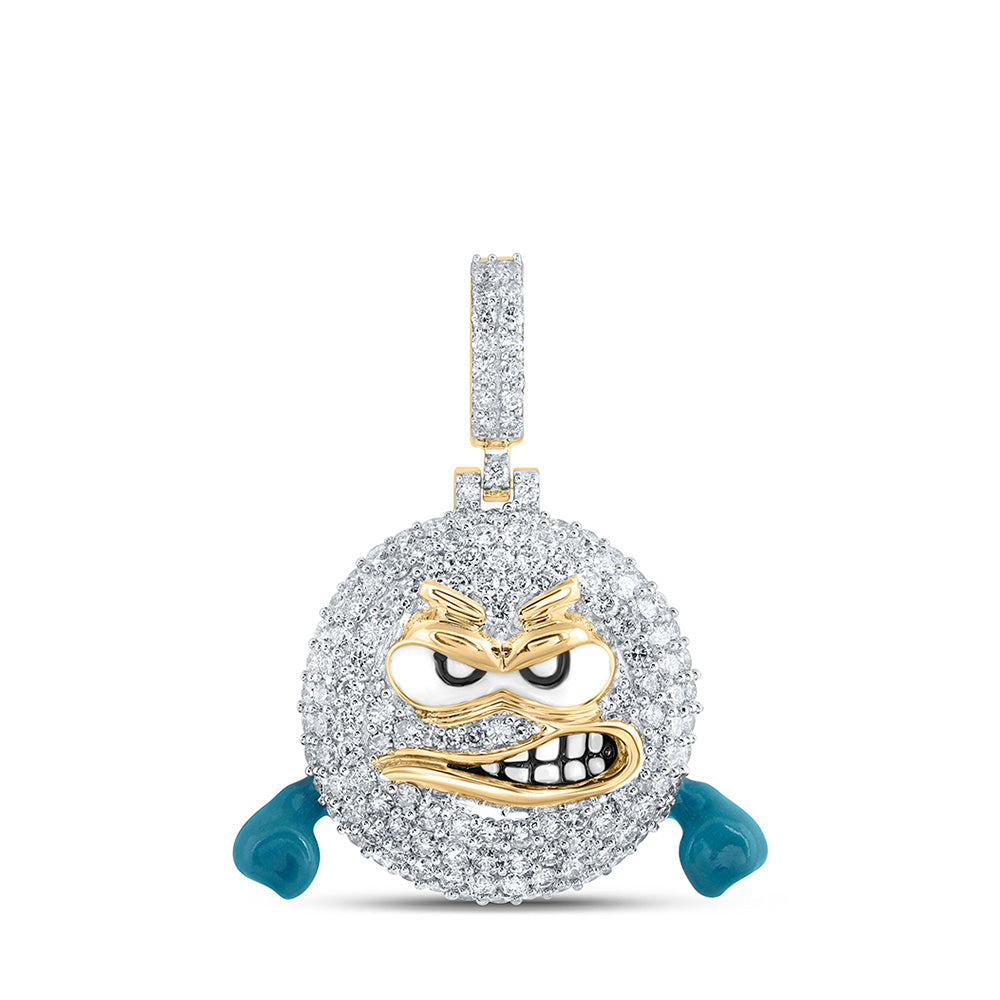 10K Yellow Gold Mens Round Diamond Angry Rage Emoji Charm Pendant 1-3/4 Cttw