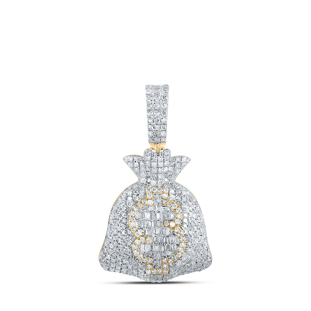 10K Yellow Gold Mens Round Diamond Money Bag Dollar Charm Pendant 1-7/8 Cttw