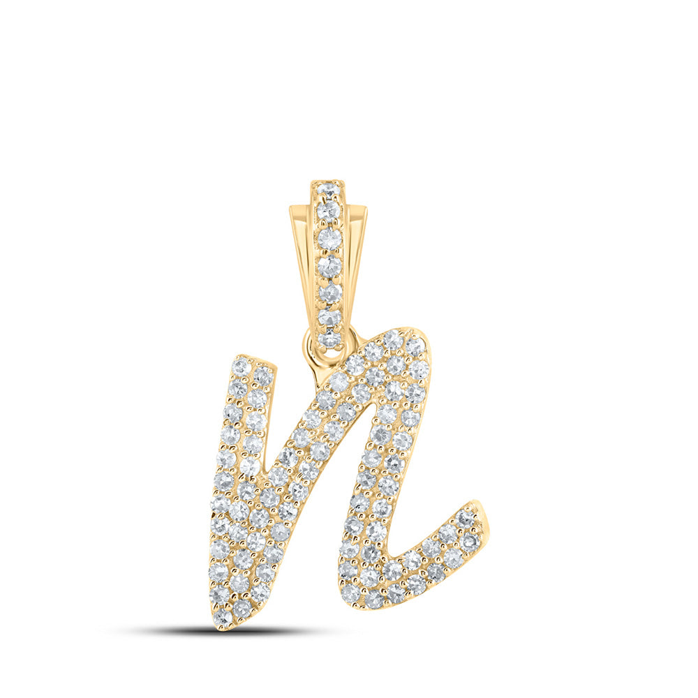 10K Yellow Gold Womens Round Diamond Cursive Initial Letter Pendant
