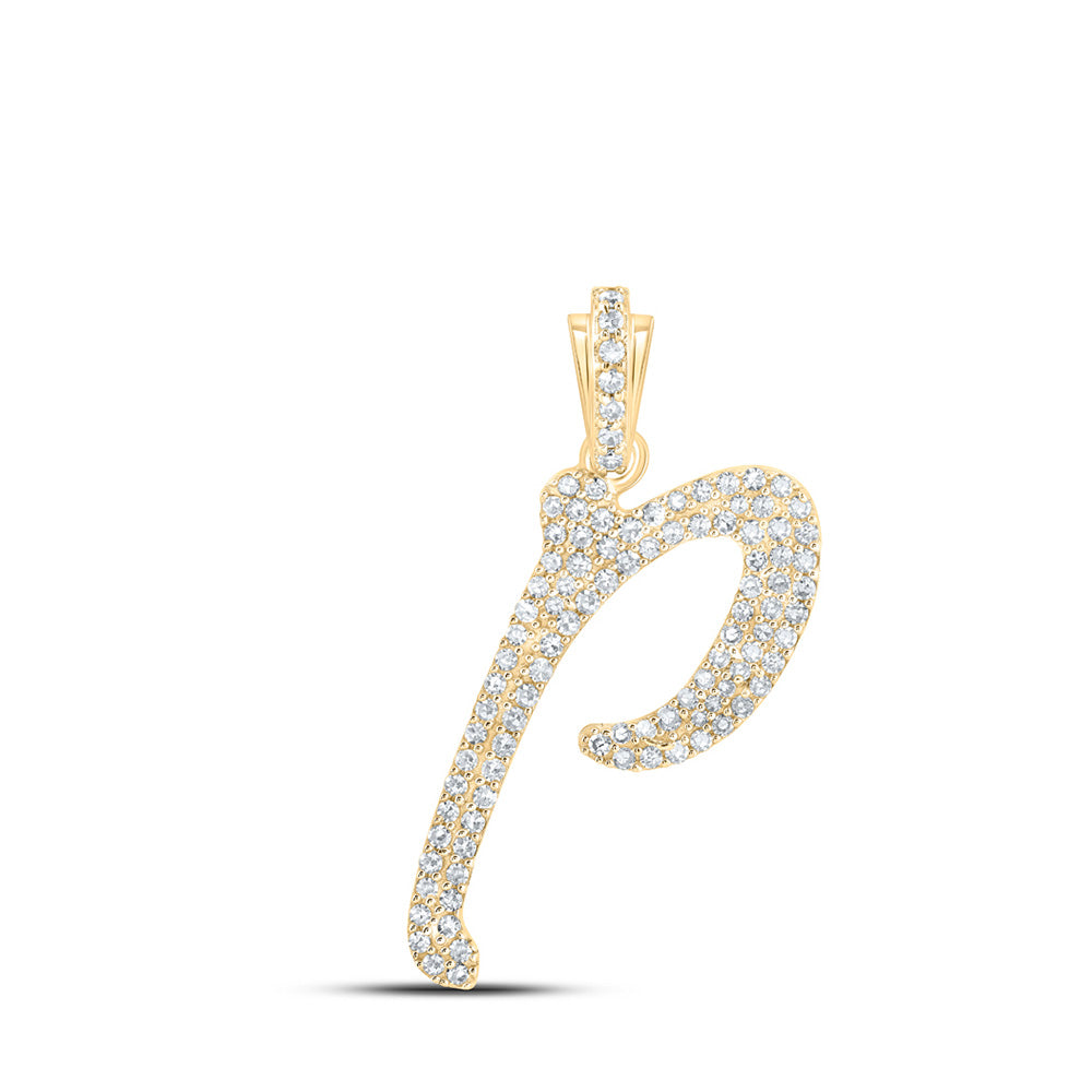 10K Yellow Gold Womens Round Diamond Cursive Initial Letter Pendant