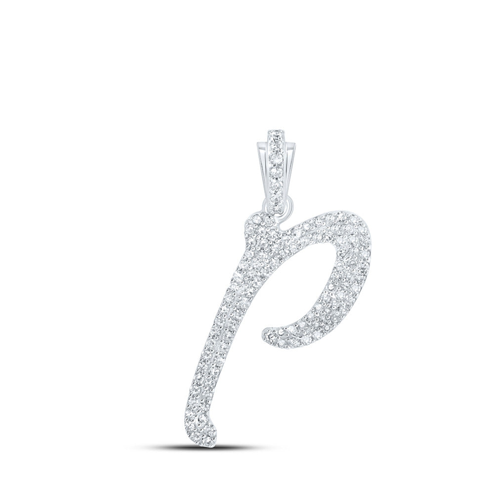 10K White Gold Womens Round Diamond Cursive Initial Letter Pendant