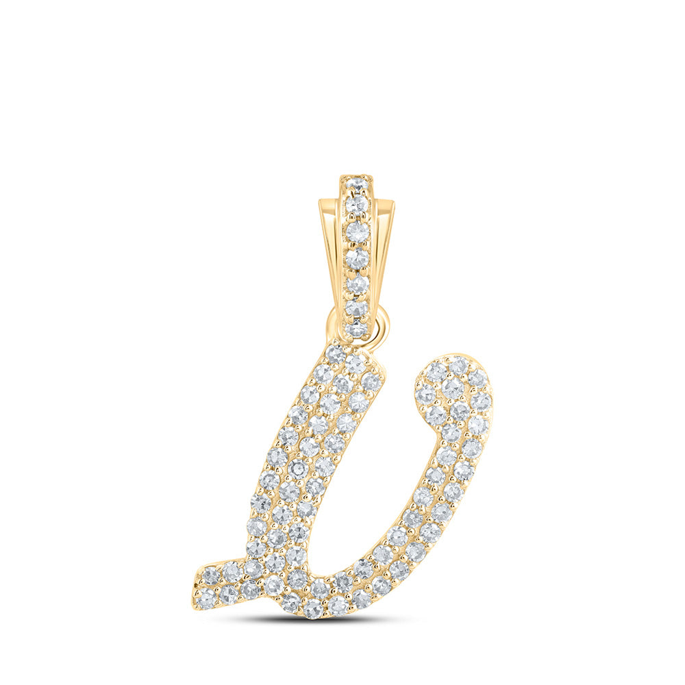 10K Yellow Gold Womens Round Diamond Cursive Initial Letter Pendant