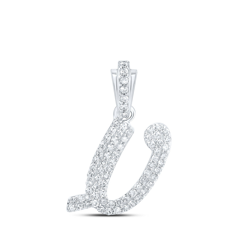 10K White Gold Womens Round Diamond Cursive Initial Letter Pendant