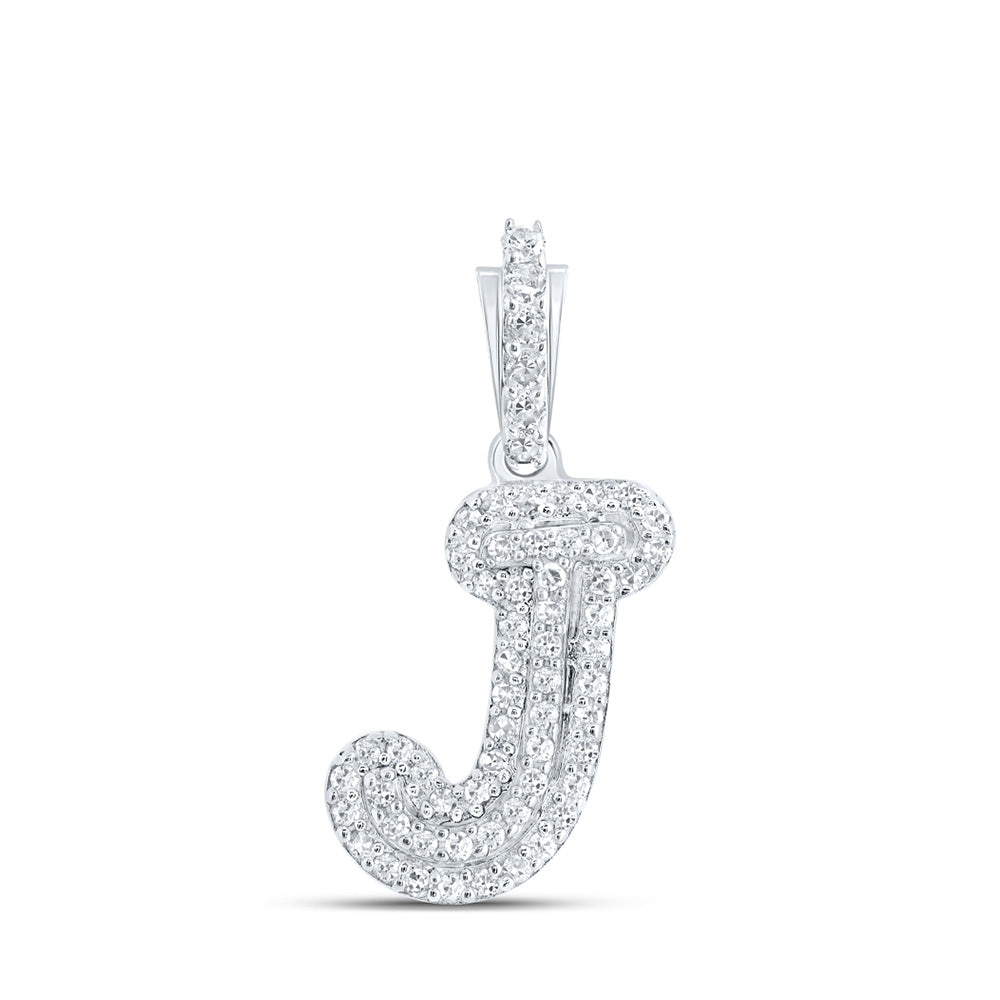 10K White Gold Womens Round Diamond Initial Letter Pendant