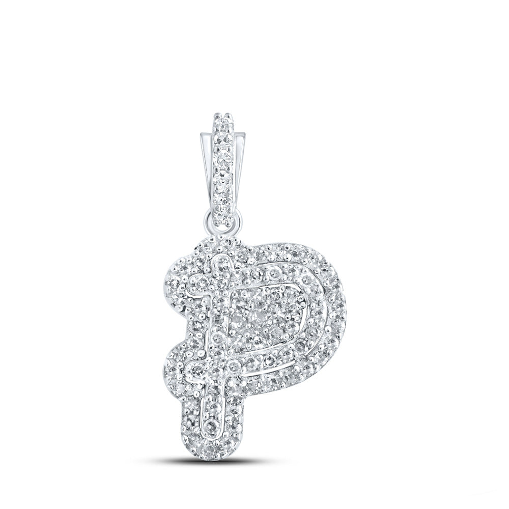 10K White Gold Womens Round Diamond Initial Letter Pendant