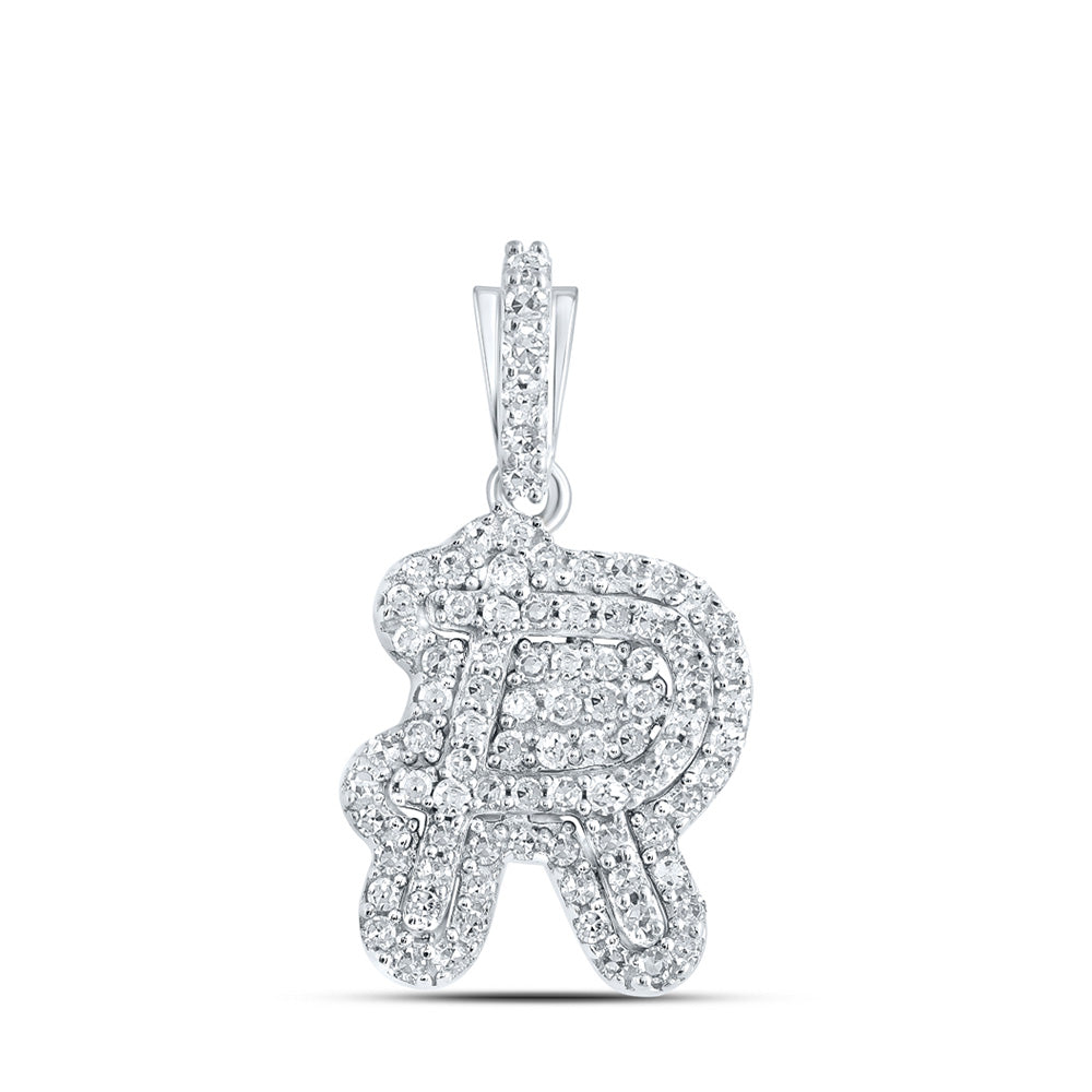10K White Gold Womens Round Diamond Initial Letter Pendant