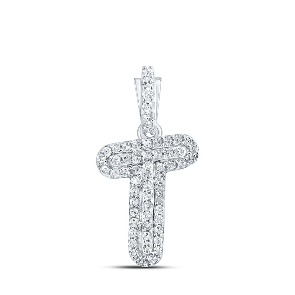 10K White Gold Womens Round Diamond Initial Letter Pendant