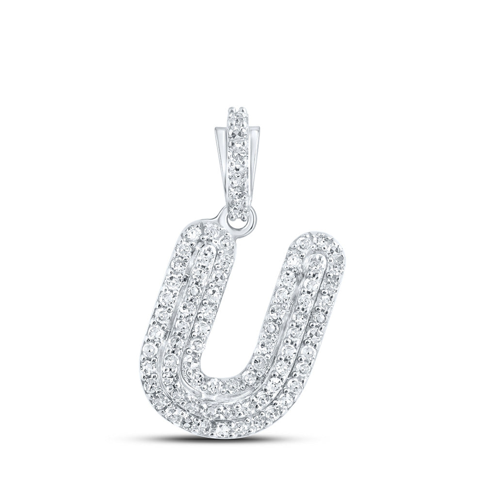 10K White Gold Womens Round Diamond Initial Letter Pendant