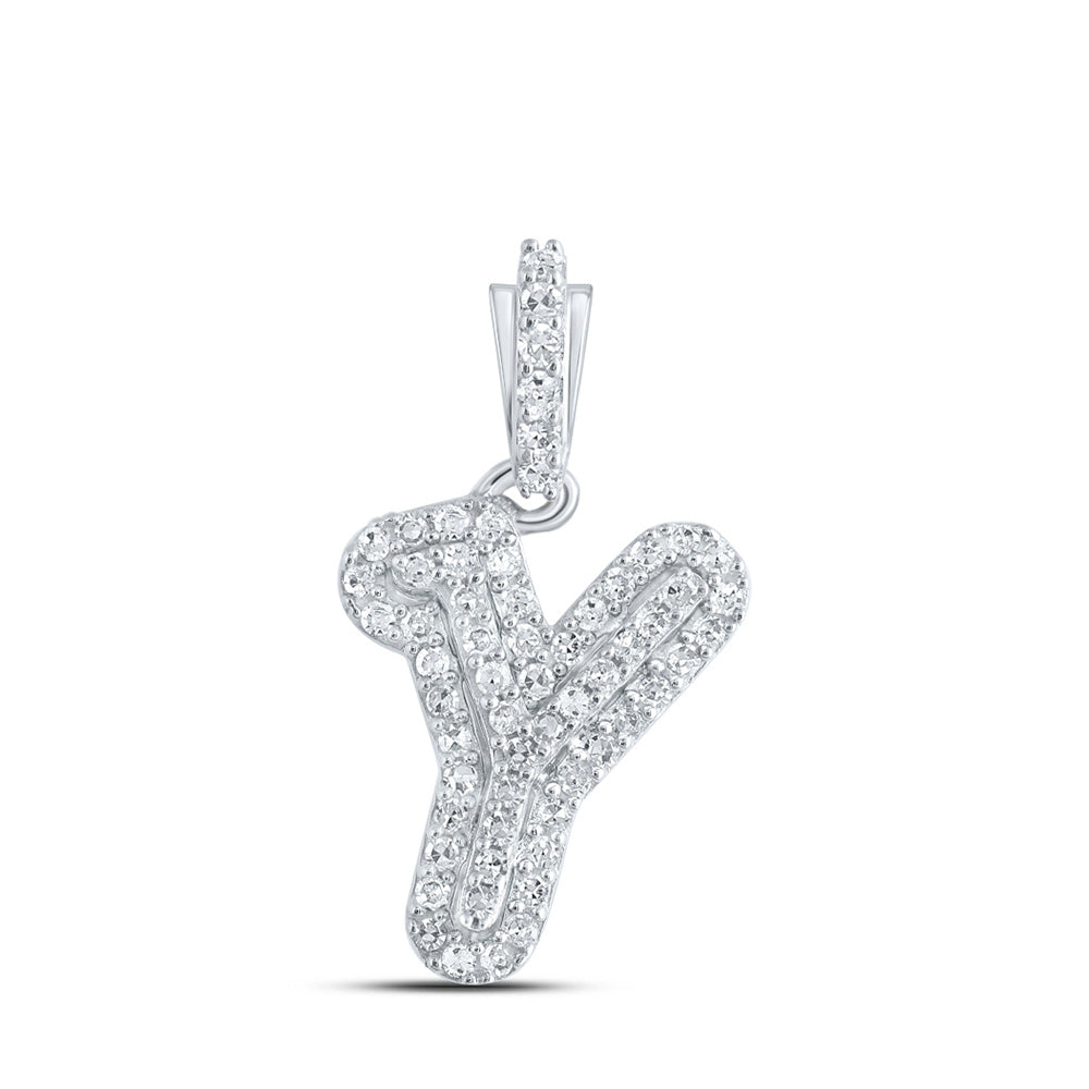 10K White Gold Womens Round Diamond Initial Letter Pendant