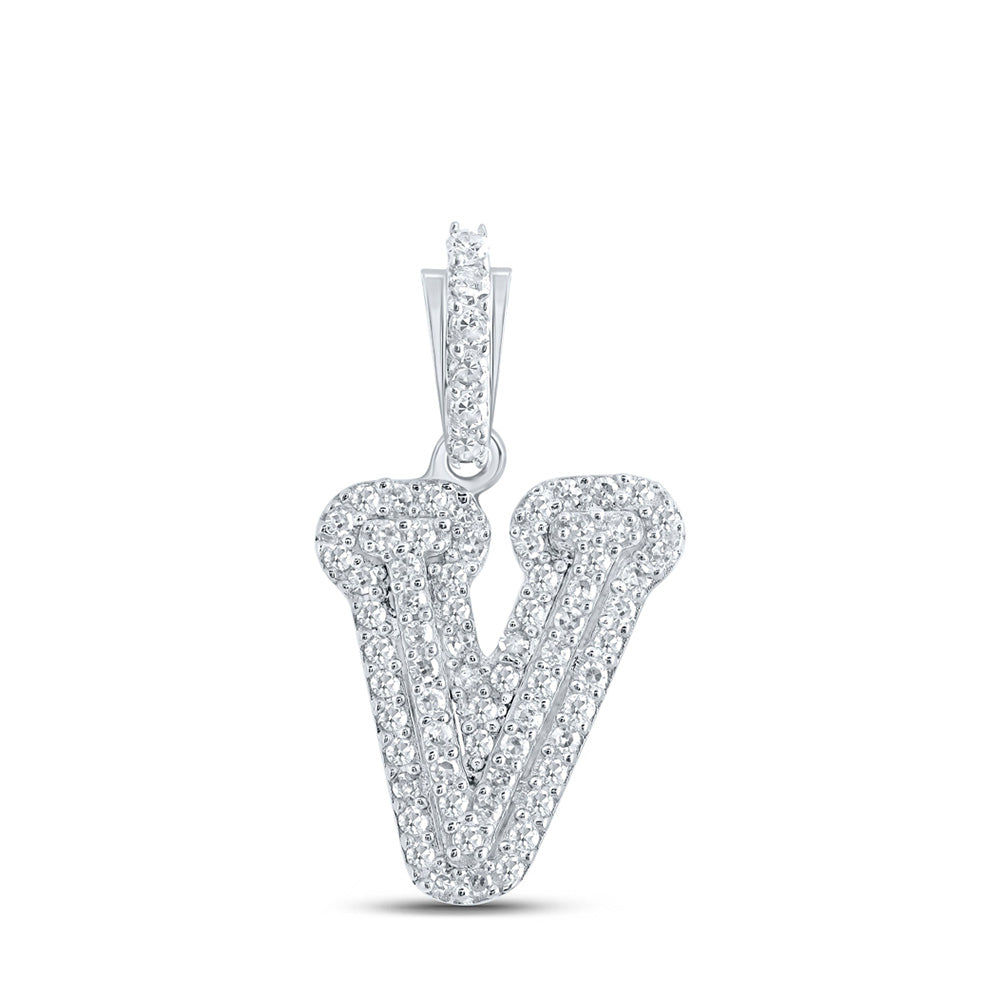10K White Gold Womens Round Diamond Initial Letter Pendant