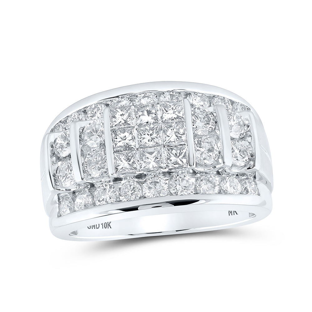 10K White Or Yellow Gold Mens Princess Diamond Round Band Ring , Mens Size: 7-13