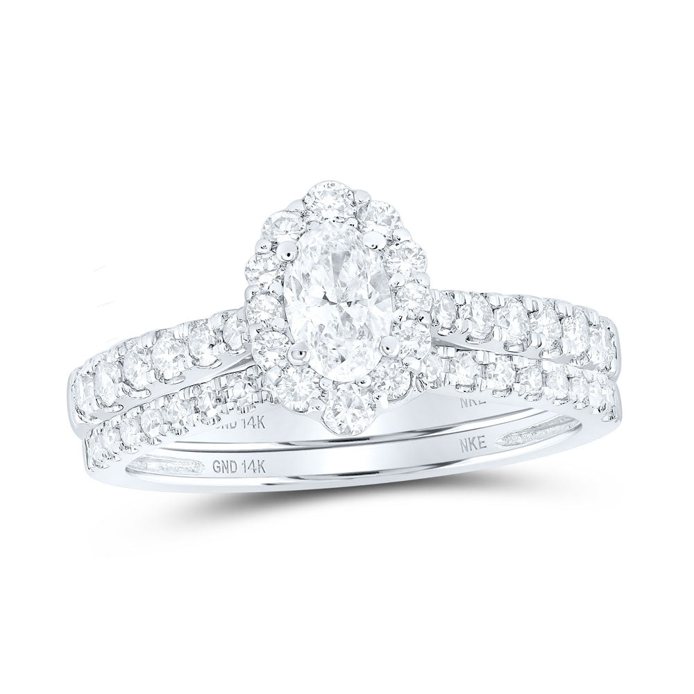 14K White Gold Oval Diamond Halo Bridal Wedding Ring Band Set 1 Cttw, Womens Size: 5-10