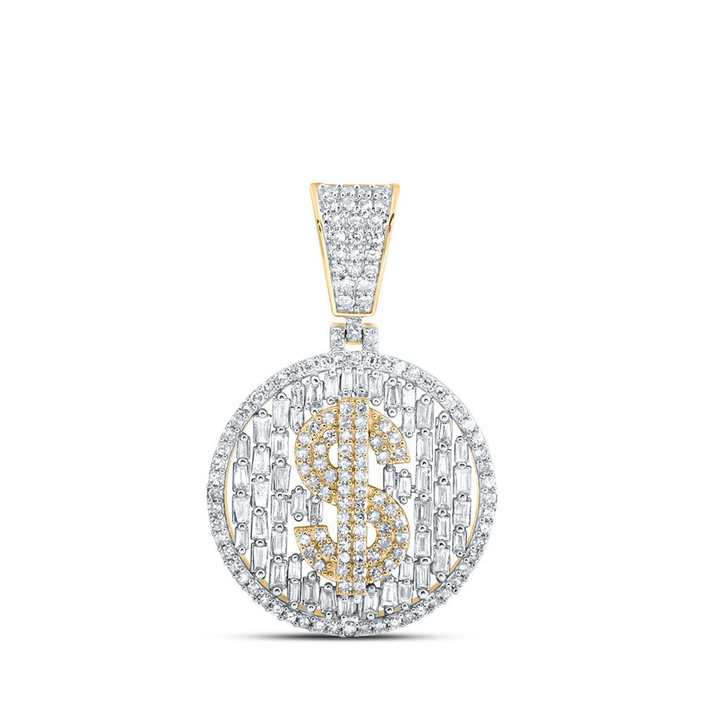 10K Yellow Gold Mens Round Diamond Dollar Sign Circle Charm Pendant 1-1/2 Cttw