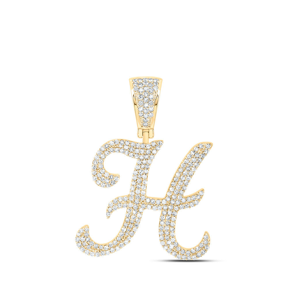 10K Yellow Gold Mens Round Diamond H Initial Letter Pendant 1-1/5 Cttw, Length: 1.42 In, Width: 0.91 In