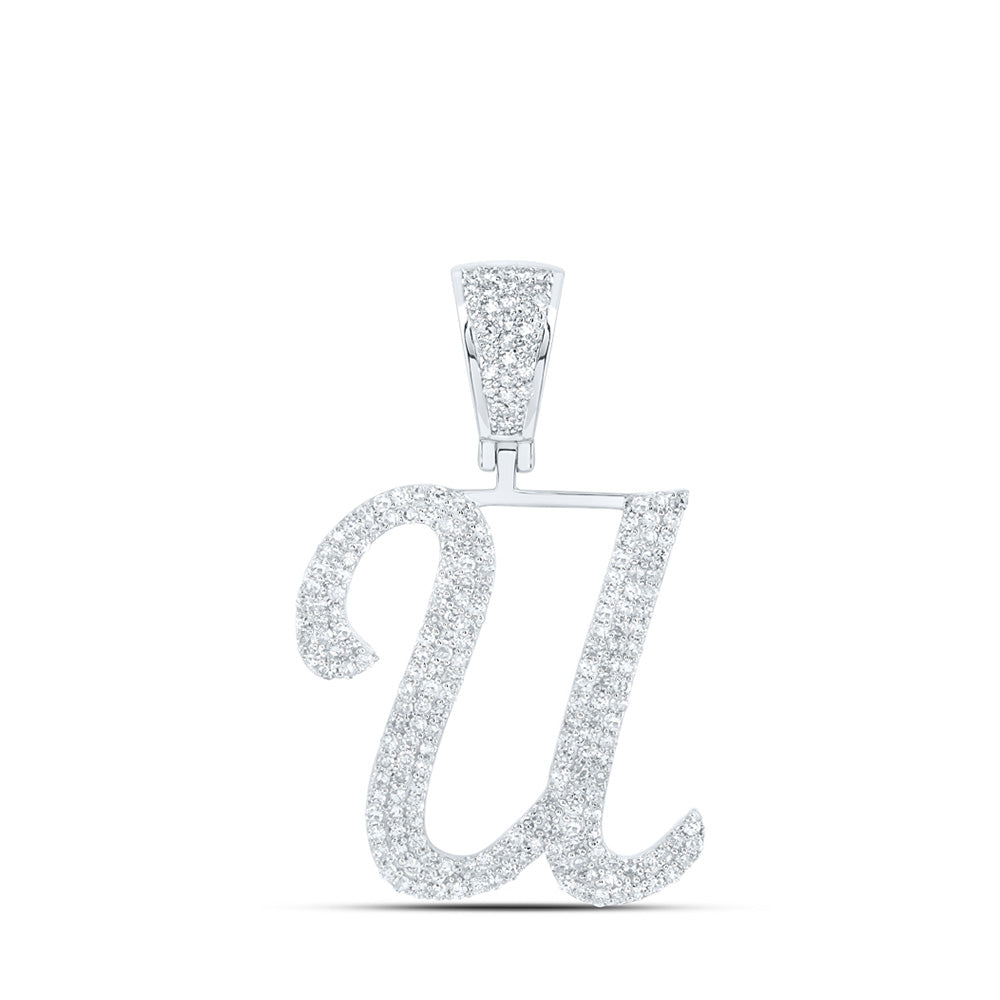 10K White Gold Mens Round Diamond Initial Letter Charm Pendant