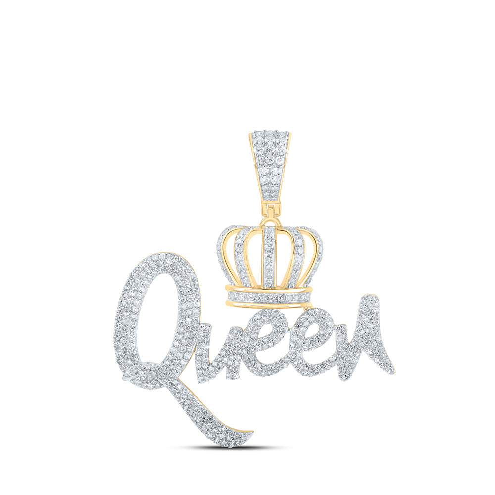 10K Yellow Gold Mens Round Diamond Queen Crown Charm Pendant 1-5/8 Cttw, Length: 1.73 In, Width: 1.47 In