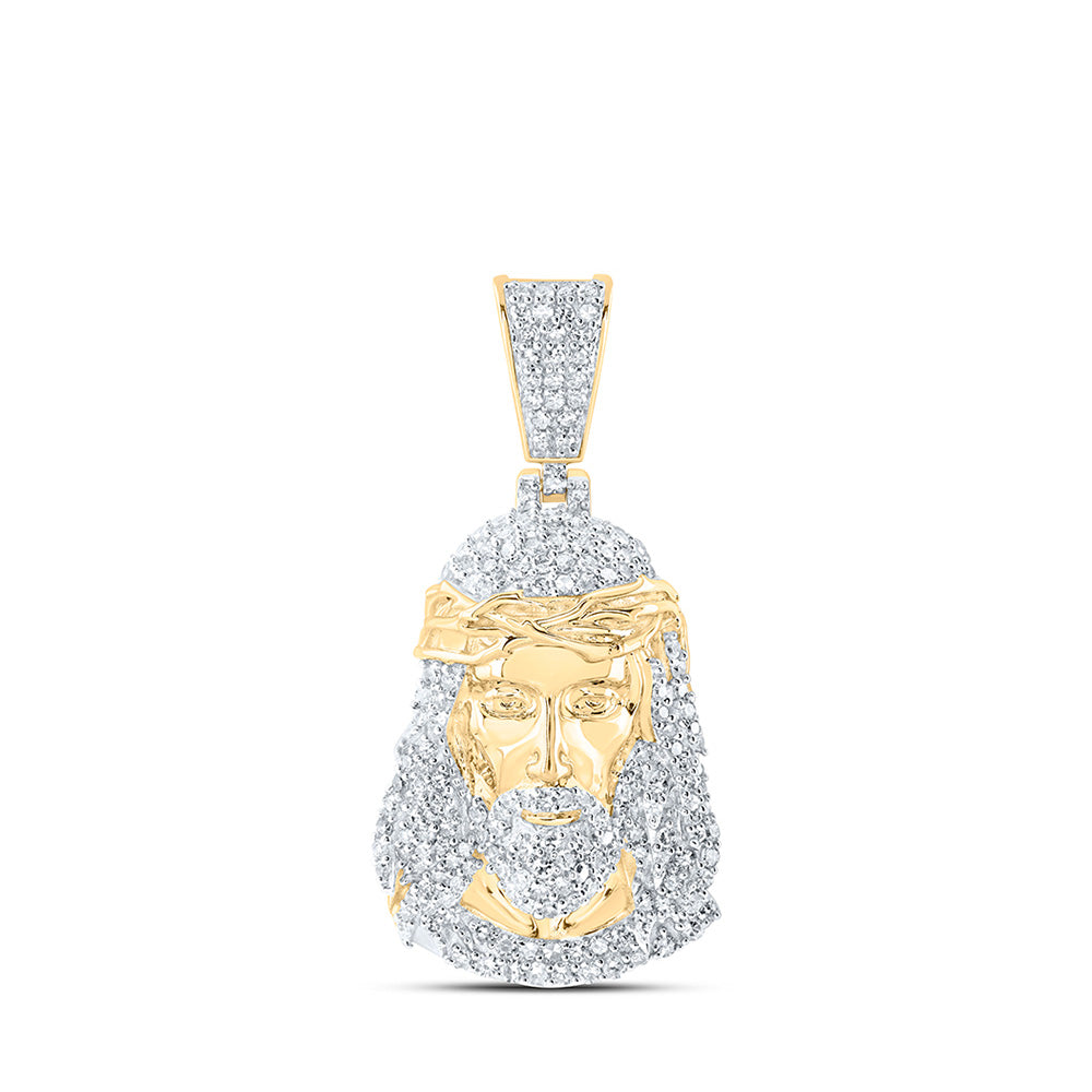 10K Yellow Gold Mens Round Diamond Jesus Face Charm Pendant 1 Cttw