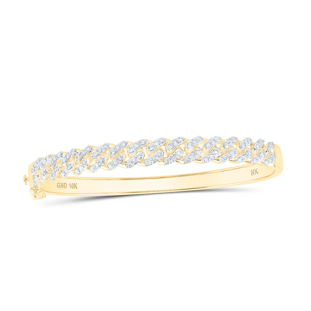 10K Yellow Or White Gold Womens Round Diamond Cuban Link Cuff Bangle Bracelet 1-5/8 Cttw, Width: 0.3 In
