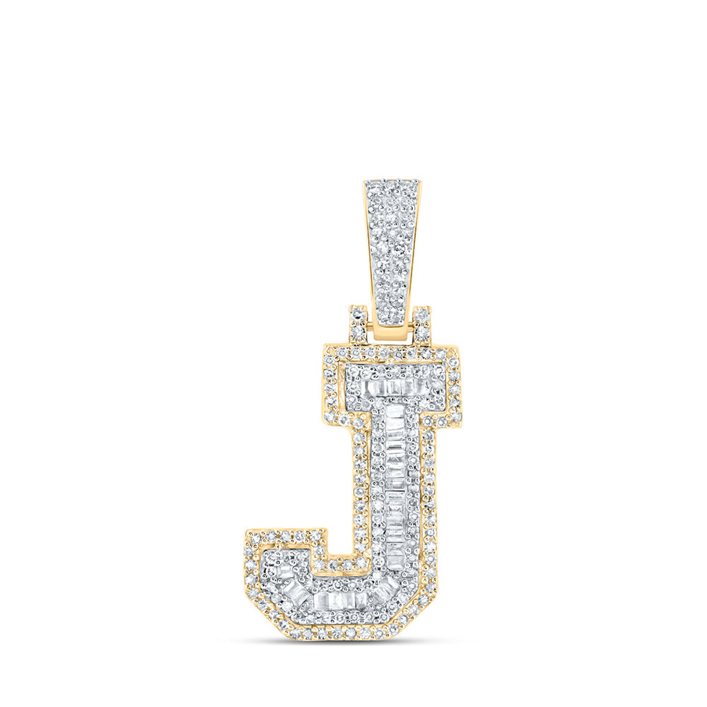 10K Yellow Gold Mens Baguette Diamond Initial Letter Charm Pendant