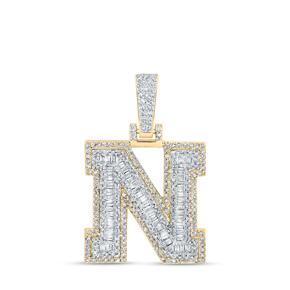 10K Yellow Gold Mens Baguette Diamond Initial Letter Charm Pendant