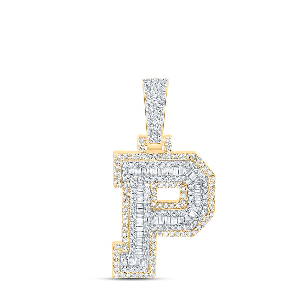 10K Yellow Gold Mens Baguette Diamond Initial Letter Charm Pendant
