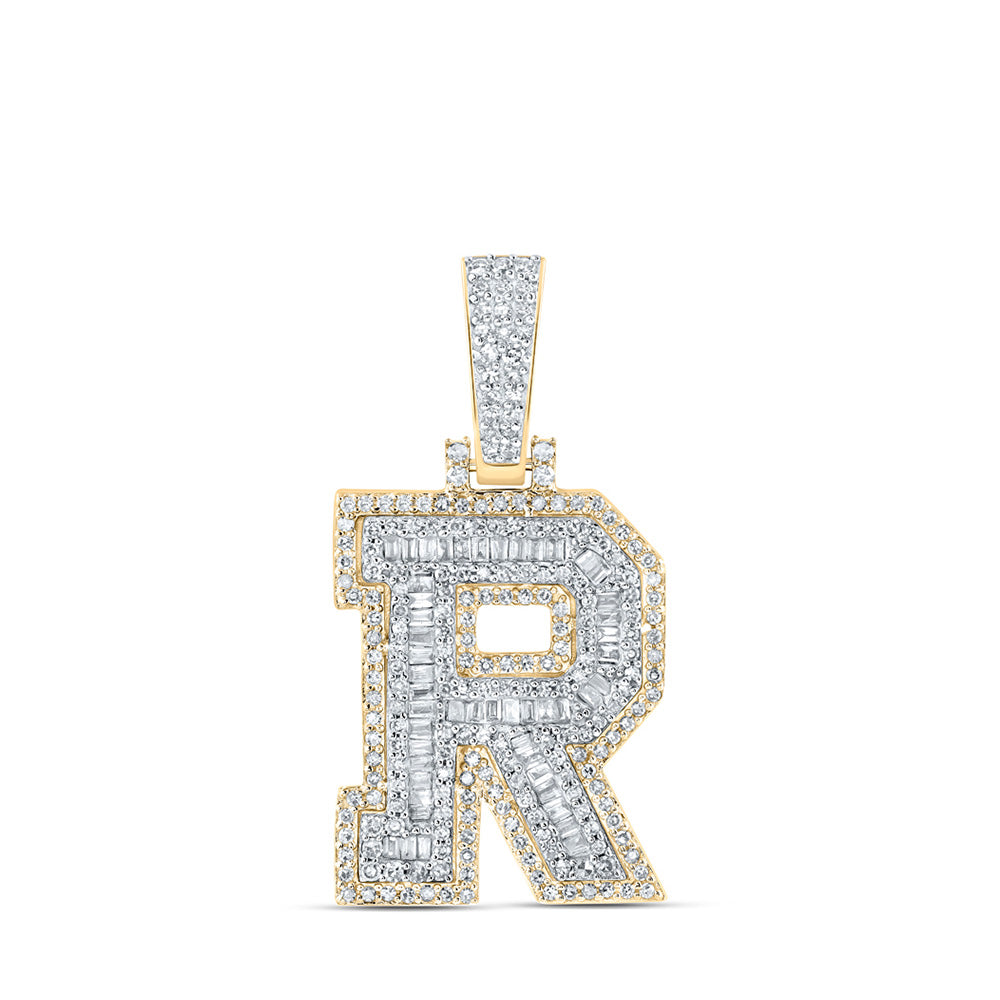 10K Yellow Gold Mens Baguette Diamond Initial Letter Charm Pendant