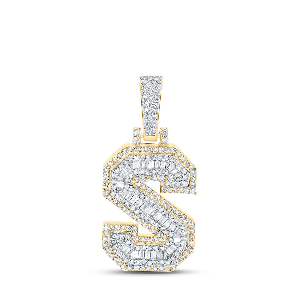 10K Yellow Gold Mens Baguette Diamond Initial Letter Charm Pendant