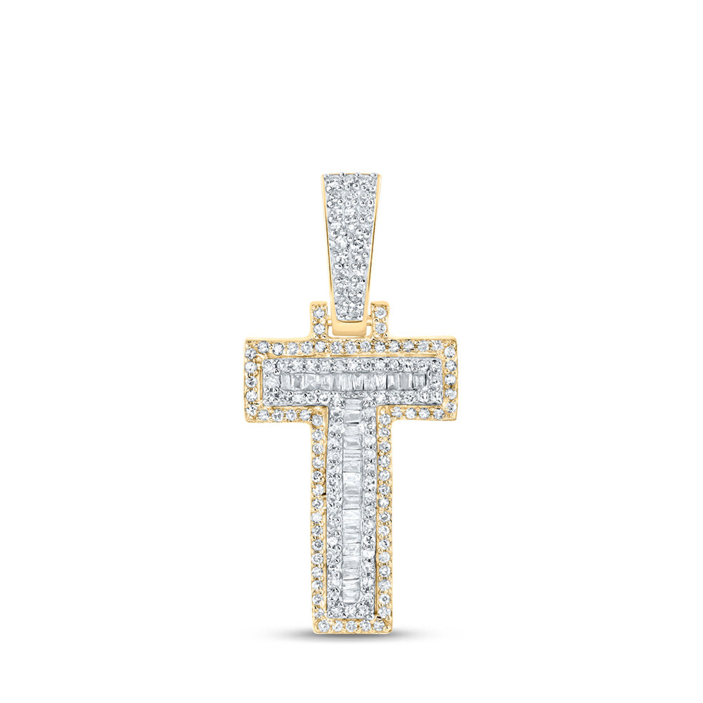 10K Yellow Gold Mens Baguette Diamond Initial Letter Charm Pendant