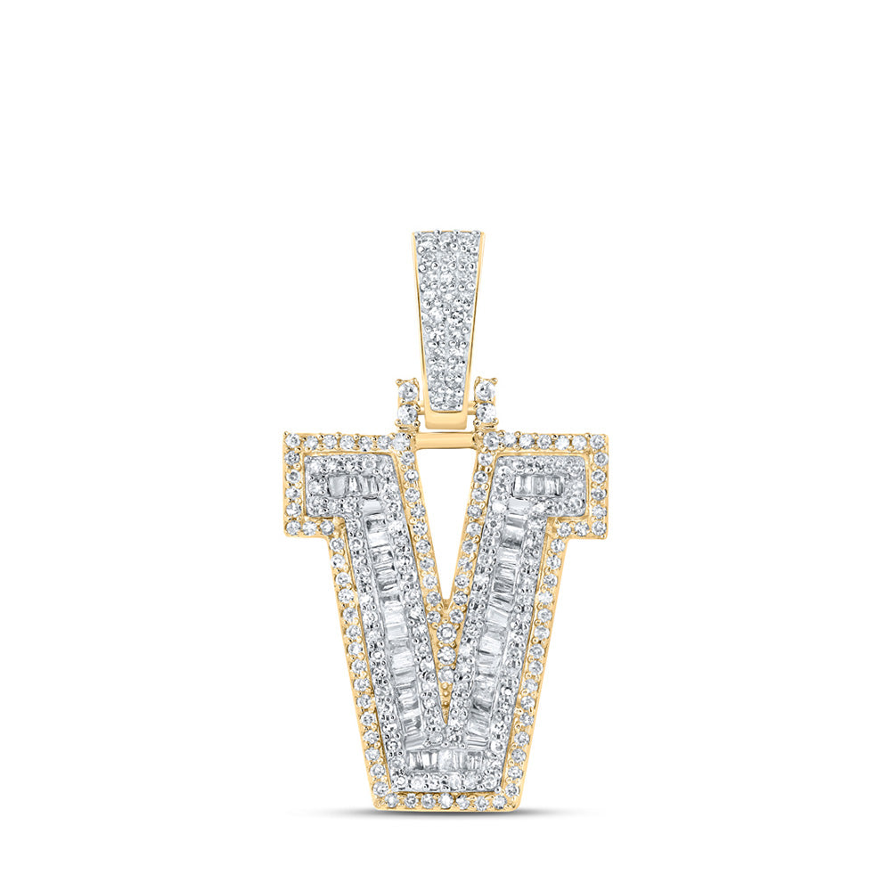 10K Yellow Gold Mens Baguette Diamond Initial Letter Charm Pendant
