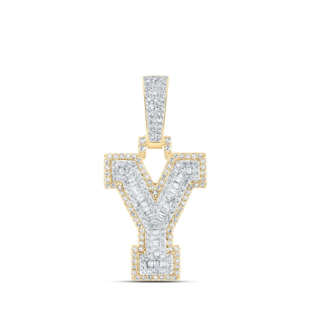 10K Yellow Gold Mens Baguette Diamond Initial Letter Charm Pendant