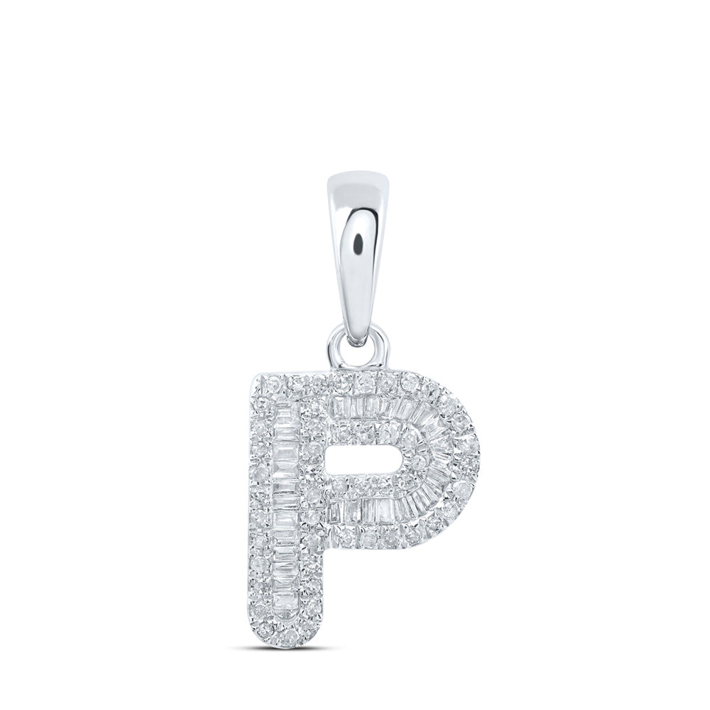 10K White Gold Womens Baguette Diamond Initial Letter Pendant
