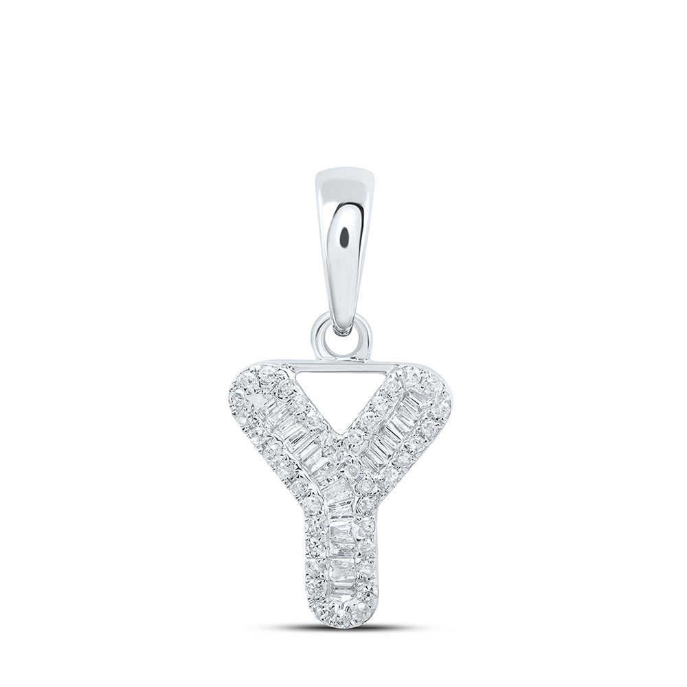 10K White Gold Womens Baguette Diamond Initial Letter Pendant